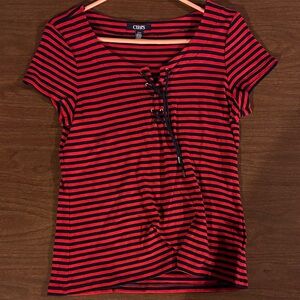 Chaps Women's Red and Black Lace-Up Striped Tee